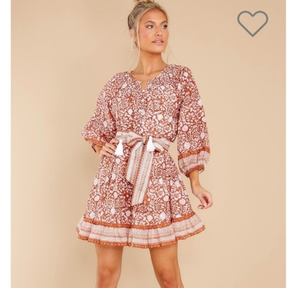 Cleobella Mini Dress Womens Medium Rust Floral Organic Cotton Boho Belted Tassel
